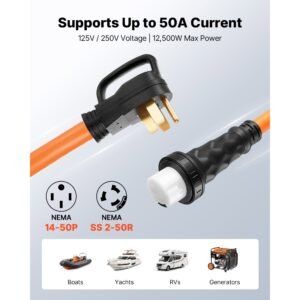 50 amp generator cord, 25 feet, 125/250v rv power cord nema 14 50p to ss2 50r with twist lock, grip handle, heavy duty 6awg/3 + 8awg/1 generator cable, for rv camper generator to house, orange