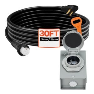 50 Amp Generator Cord and Power Inlet Box, 30FT, 125V/250V STW 6/3 + 8/1 AWG Extension Power Cord, NEMA 14-50P to SS2-50R, Twist Lock Connector, Inlet Box Kit, for Generator to House, ETL Listed