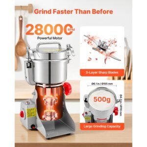 500g electric grain mill grinder, 2000w 28000rpm high speed spice corn dry grinding machine, stainless steel pulverizer powder machine for dried grains coffee beans spices nuts (270° swing type)