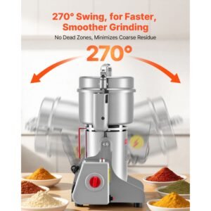 500g electric grain mill grinder, 2000w 28000rpm high speed spice corn dry grinding machine, stainless steel pulverizer powder machine for dried grains coffee beans spices nuts (270° swing type)