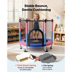 55" trampoline for kids, 4.6 ft toddler mini trampoline, 132 lbs capacity indoor outdoor play toys with enclosure net, swing, and basketball hoop, christmas toys birthday gifts for girls boys