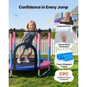 55" trampoline for kids, 4.6 ft toddler mini trampoline, 132 lbs capacity indoor outdoor play toys with enclosure net, swing, and basketball hoop, christmas toys birthday gifts for girls boys