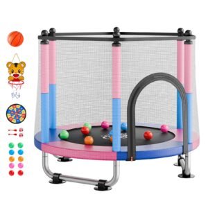 55" Trampoline for Kids, 4.6 FT Toddler Mini Trampoline, 132 lbs Capacity Indoor Outdoor Play Toys with Enclosure Net, Swing, and Basketball Hoop, Christmas Toys Birthday Gifts for Girls Boys