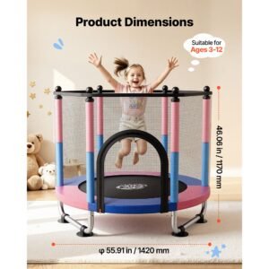 55" trampoline for kids, 4.6 ft toddler mini trampoline, 132 lbs capacity indoor outdoor play toys with enclosure net, swing, and basketball hoop, christmas toys birthday gifts for girls boys