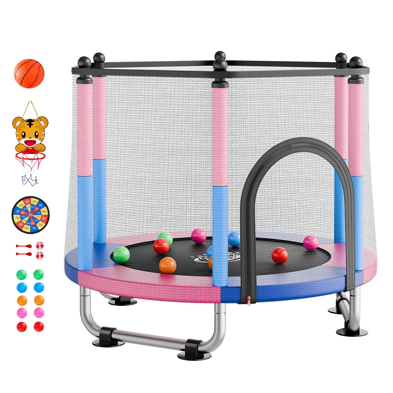 55" trampoline for kids, 4.6 ft toddler mini trampoline, 132 lbs capacity indoor outdoor play toys with enclosure net, swing, and basketball hoop, christmas toys birthday gifts for girls boys