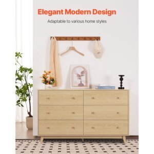 6 drawer dresser, wooden chest of drawers with sliding with anti tip device, modern minimalist dresser chest, closet storage organizer for living room, hallway, bedroom, entryway, light wood