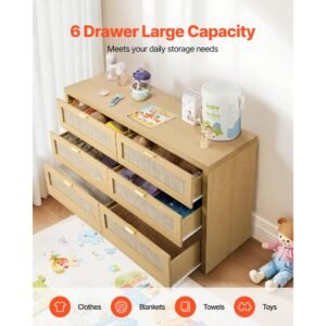 6 drawer rattan dresser, double dresser for bedroom, natural rattan chest of drawer with metal handle, modern wood chest clothing organizer & storage for bedroom, living room, hallway, burlywood