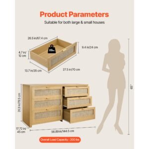 6 drawer rattan dresser, double dresser for bedroom, natural rattan chest of drawer with metal handle, modern wood chest clothing organizer & storage for bedroom, living room, hallway, burlywood
