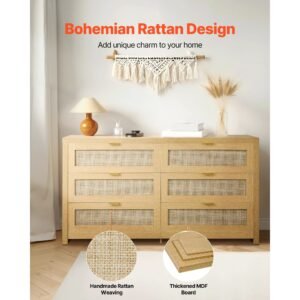 6 drawer rattan dresser, double dresser for bedroom, natural rattan chest of drawer with metal handle, modern wood chest clothing organizer & storage for bedroom, living room, hallway, burlywood