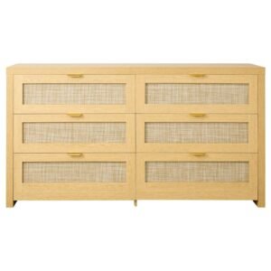 6 Drawer Rattan Dresser, Double Dresser for Bedroom, Natural Rattan Chest of Drawer with Metal Handle, Modern Wood Chest Clothing Organizer & Storage for Bedroom, Living Room, Hallway, Burlywood