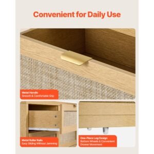 6 drawer rattan dresser, double dresser for bedroom, natural rattan chest of drawer with metal handle, modern wood chest clothing organizer & storage for bedroom, living room, hallway, burlywood