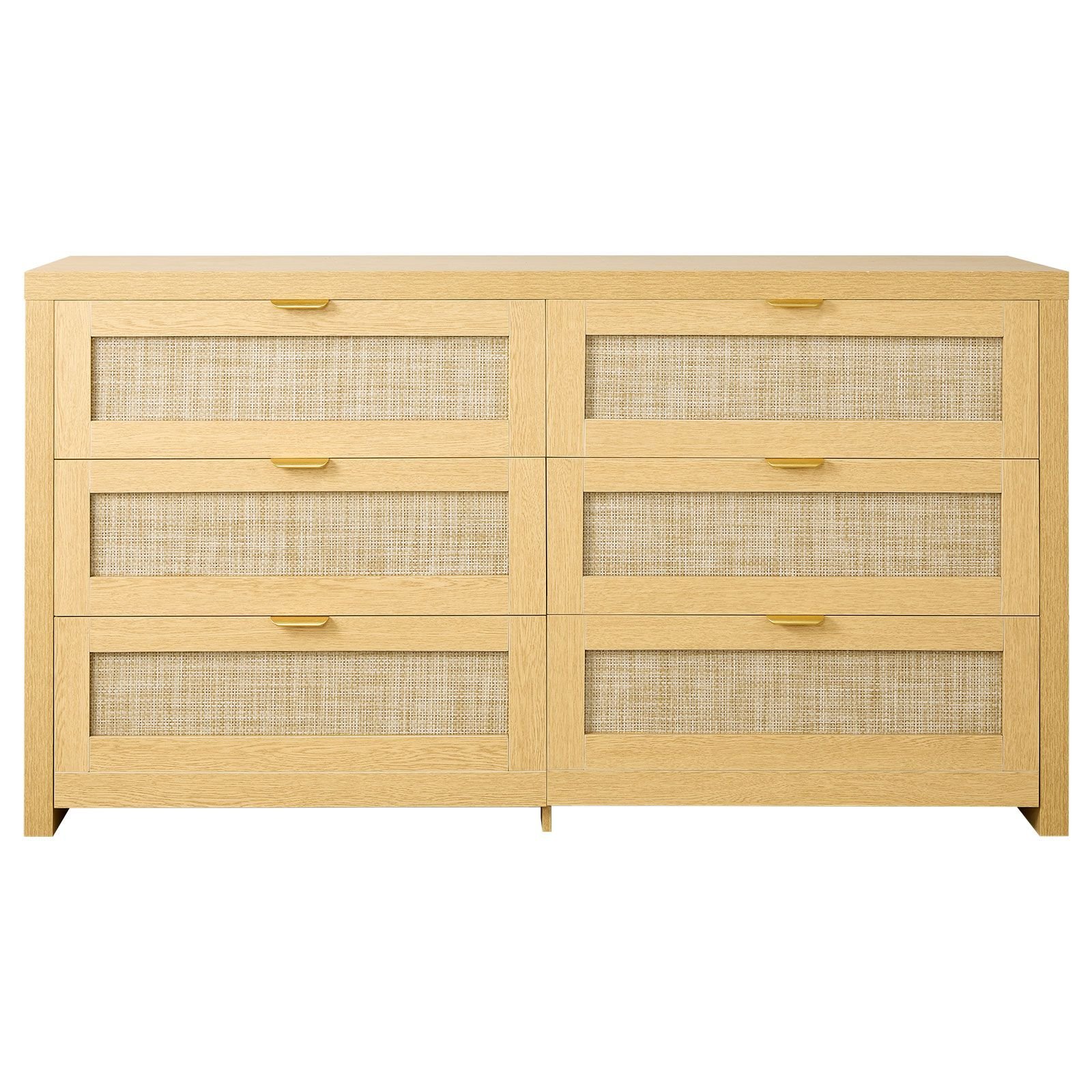 6 drawer rattan dresser, double dresser for bedroom, natural rattan chest of drawer with metal handle, modern wood chest clothing organizer & storage for bedroom, living room, hallway, burlywood