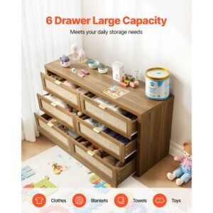 6 drawer rattan dresser, double dresser for bedroom, natural rattan chest of drawer with metal handle, modern wood chest clothing organizer & storage for bedroom, living room, hallway, walnut
