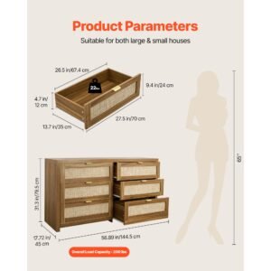 6 drawer rattan dresser, double dresser for bedroom, natural rattan chest of drawer with metal handle, modern wood chest clothing organizer & storage for bedroom, living room, hallway, walnut