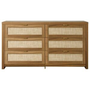 6 Drawer Rattan Dresser, Double Dresser for Bedroom, Natural Rattan Chest of Drawer with Metal Handle, Modern Wood Chest Clothing Organizer & Storage for Bedroom, Living Room, Hallway, Walnut