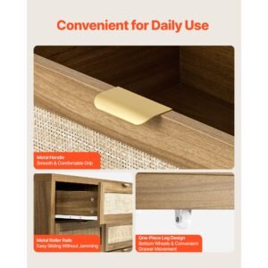 6 drawer rattan dresser, double dresser for bedroom, natural rattan chest of drawer with metal handle, modern wood chest clothing organizer & storage for bedroom, living room, hallway, walnut
