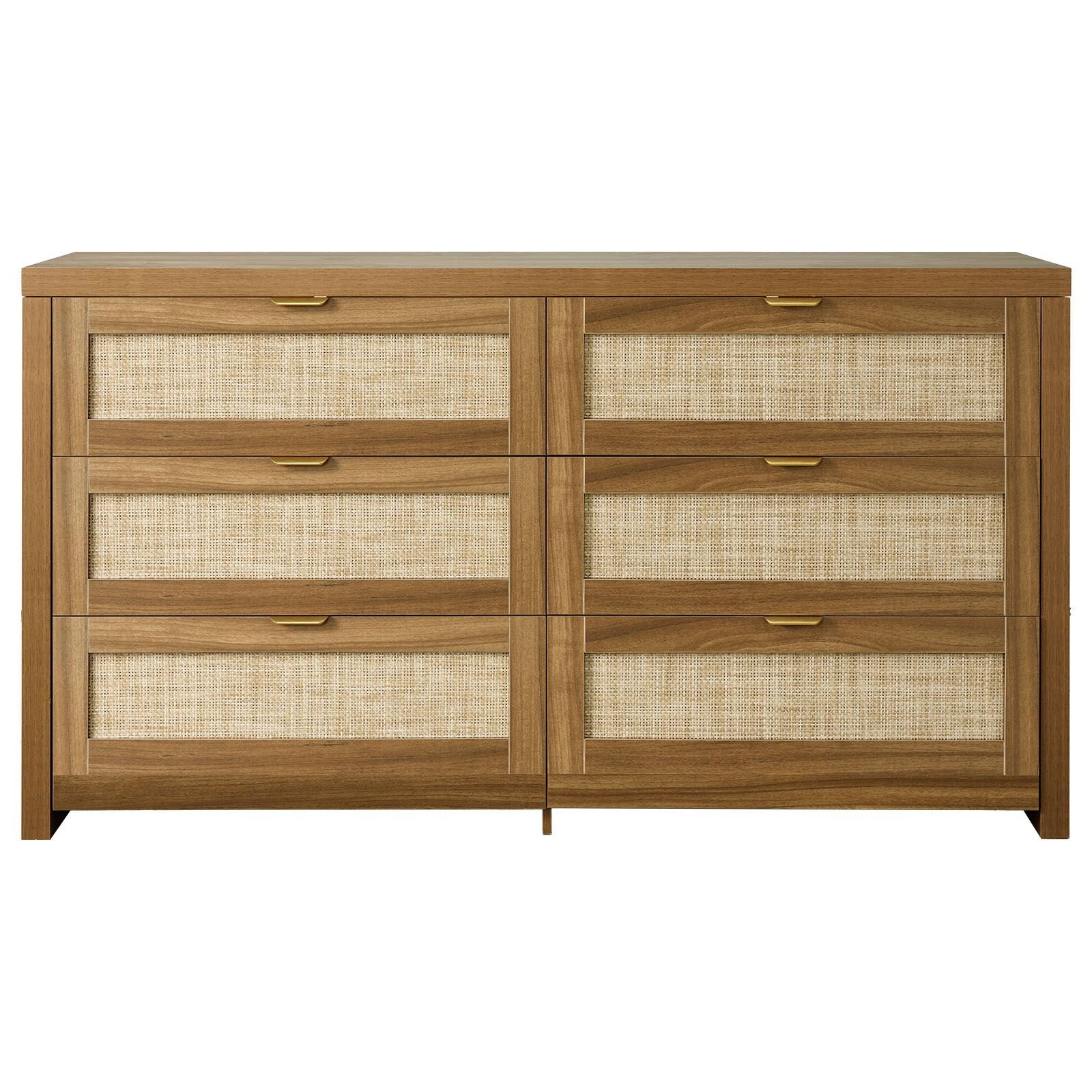 6 drawer rattan dresser, double dresser for bedroom, natural rattan chest of drawer with metal handle, modern wood chest clothing organizer & storage for bedroom, living room, hallway, walnut