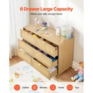 6 drawer rattan dresser, double dresser for bedroom, natural rattan chest of drawers with metal handles & legs, modern wood chest clothing organizer & storage for bedroom, living room, hallway