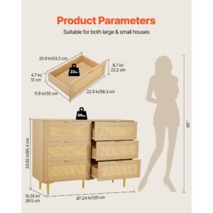 6 drawer rattan dresser, double dresser for bedroom, natural rattan chest of drawers with metal handles & legs, modern wood chest clothing organizer & storage for bedroom, living room, hallway
