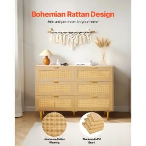 6 drawer rattan dresser, double dresser for bedroom, natural rattan chest of drawers with metal handles & legs, modern wood chest clothing organizer & storage for bedroom, living room, hallway