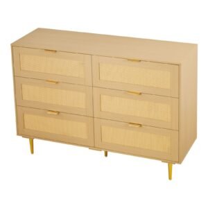 6 Drawer Rattan Dresser, Double Dresser for Bedroom, Natural Rattan Chest of Drawers with Metal Handles & Legs, Modern Wood Chest Clothing Organizer & Storage for Bedroom, Living Room, Hallway