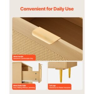 6 drawer rattan dresser, double dresser for bedroom, natural rattan chest of drawers with metal handles & legs, modern wood chest clothing organizer & storage for bedroom, living room, hallway