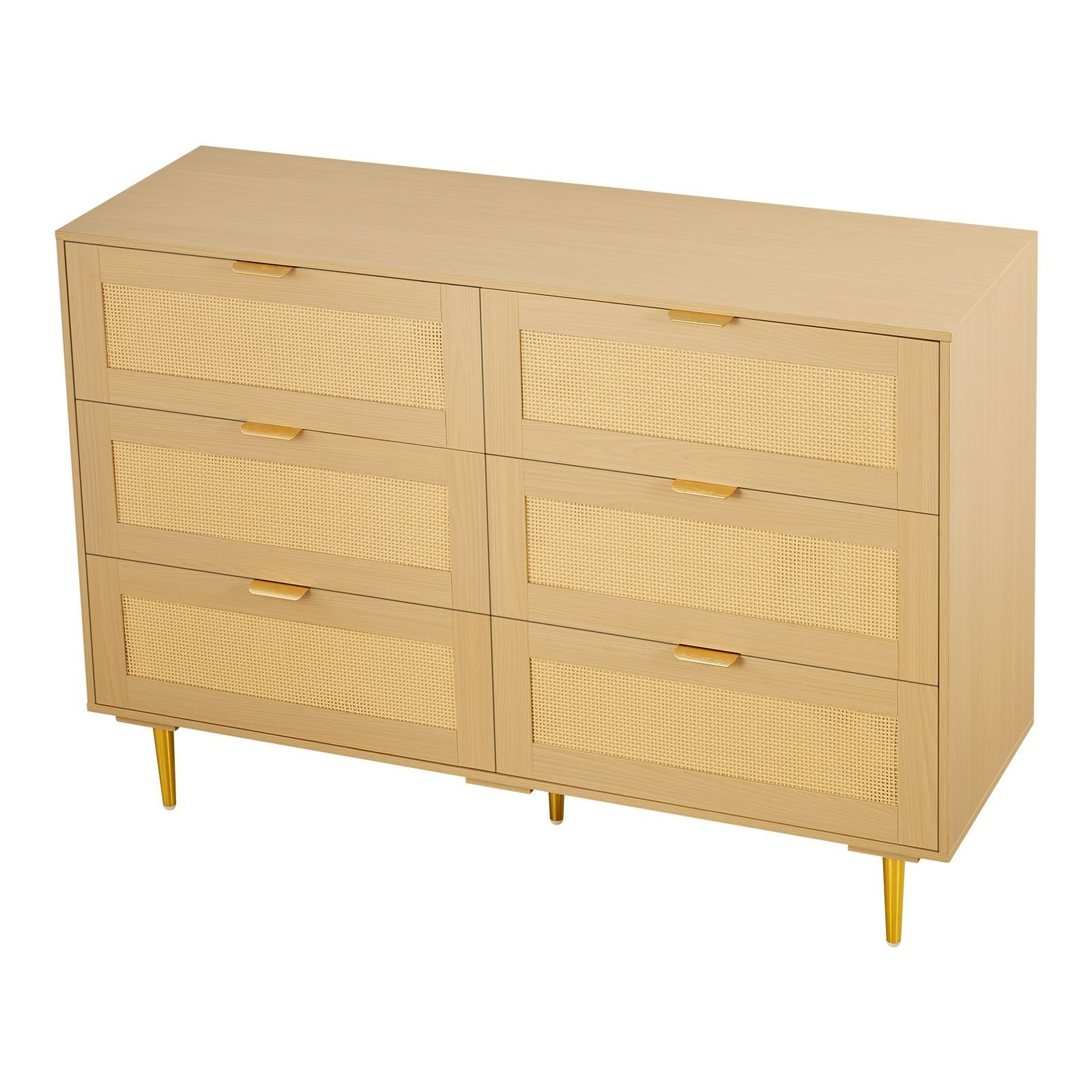 6 drawer rattan dresser, double dresser for bedroom, natural rattan chest of drawers with metal handles & legs, modern wood chest clothing organizer & storage for bedroom, living room, hallway