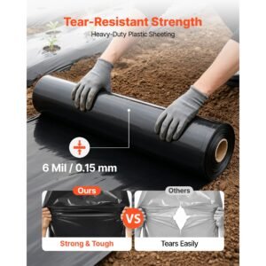 6 mil plastic sheeting 20' x 100' black heavy duty polyethylene roll, thick plastic roll for garden, drop cloth painters tarp, polyethylene covering for crawl space vapor barrier, weed control