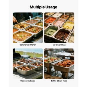 6 pack stainless steam hotel pans, 1/2 size table steam pan, 4 inch deep anti jam restaurant supplies reusable rustproof catering storage for home, party, restaurant, hotel, buffet