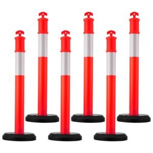 6 Pack Traffic Delineator Posts, 48 inches Traffic Safety Cones with Fillable Base and Reflective Strips, Heavy Duty Delineator Posts for Construction Site, Parking Lot, Crowd Control, Red