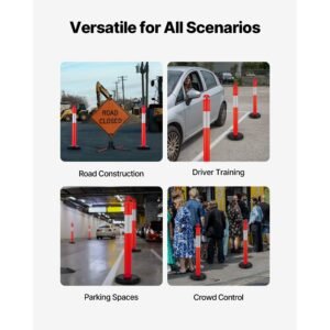 6 pack traffic delineator posts, 48 inches traffic safety cones with fillable base and reflective strips, heavy duty delineator posts for construction site, parking lot, crowd control, red