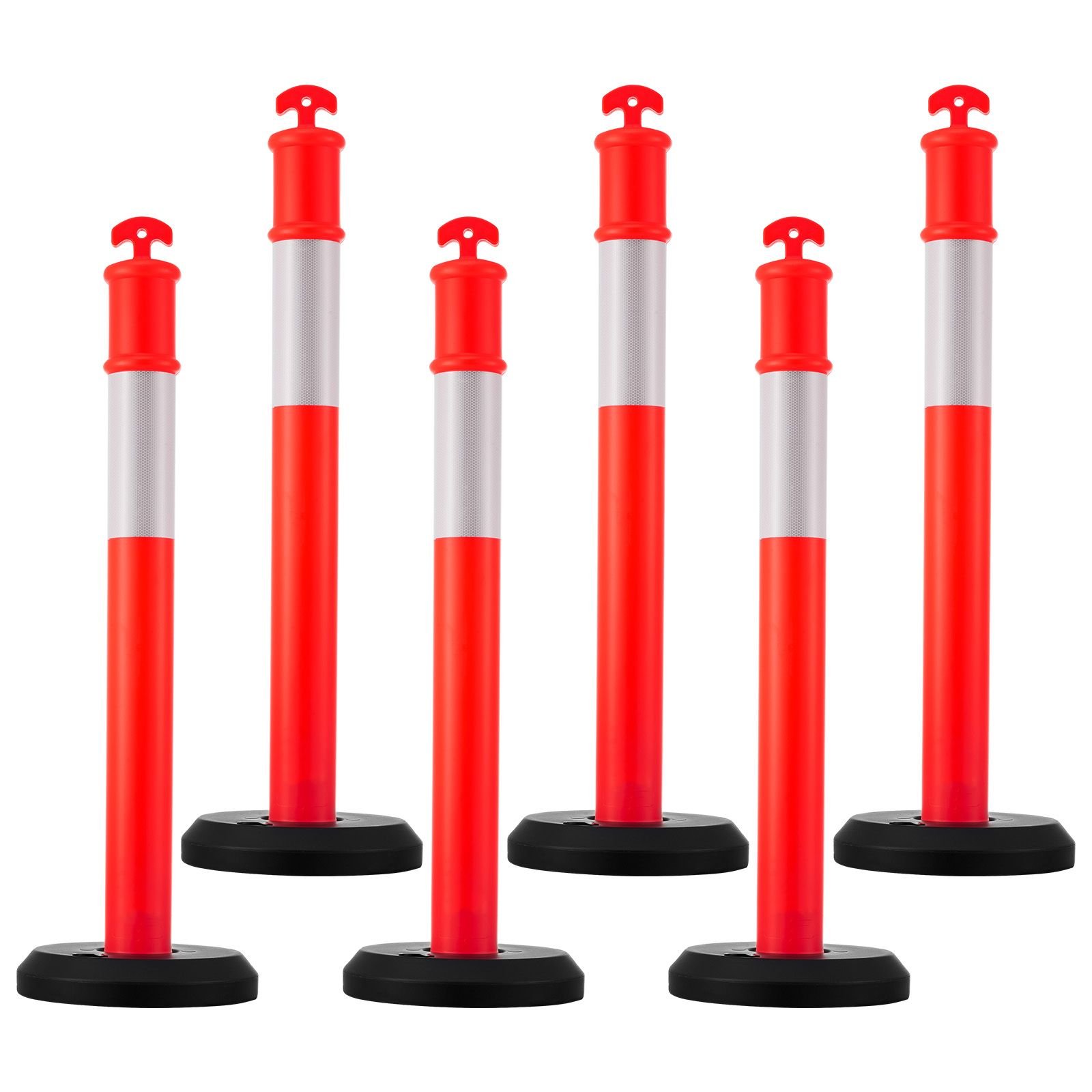 6 pack traffic delineator posts, 48 inches traffic safety cones with fillable base and reflective strips, heavy duty delineator posts for construction site, parking lot, crowd control, red