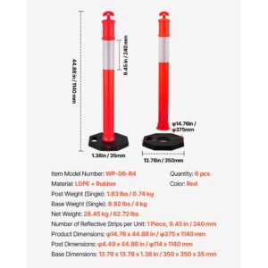 6 pack traffic delineator posts, 48 inches traffic safety cones with weighted base and reflective strips, heavy duty delineator posts for construction site, parking lot, crowd control, red
