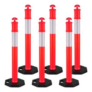 6 pack traffic delineator posts, 48 inches traffic safety cones with weighted base and reflective strips, heavy duty delineator posts for construction site, parking lot, crowd control, red