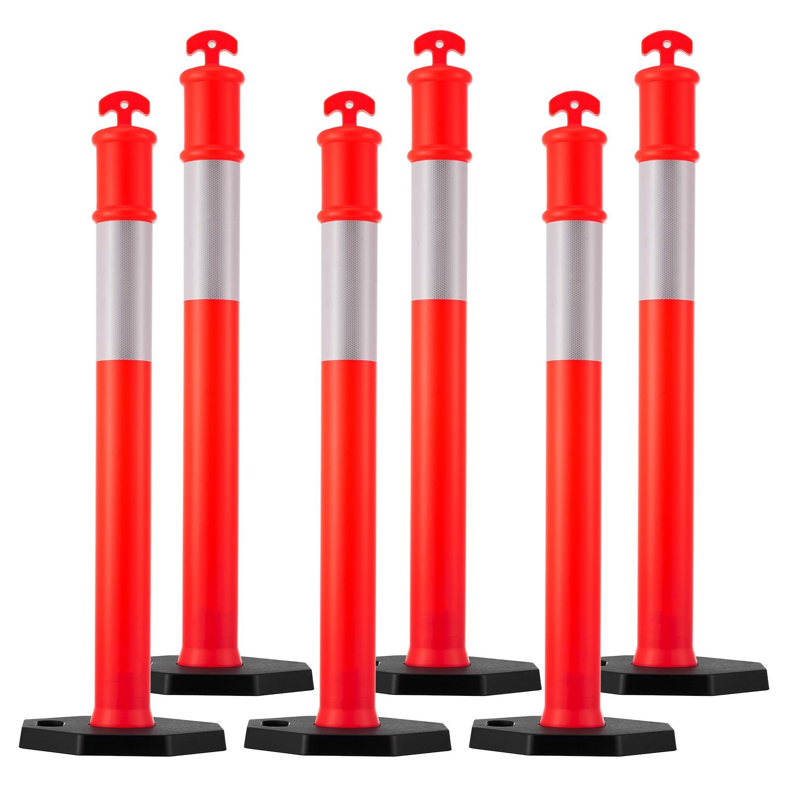 6 pack traffic delineator posts, 48 inches traffic safety cones with weighted base and reflective strips, heavy duty delineator posts for construction site, parking lot, crowd control, red