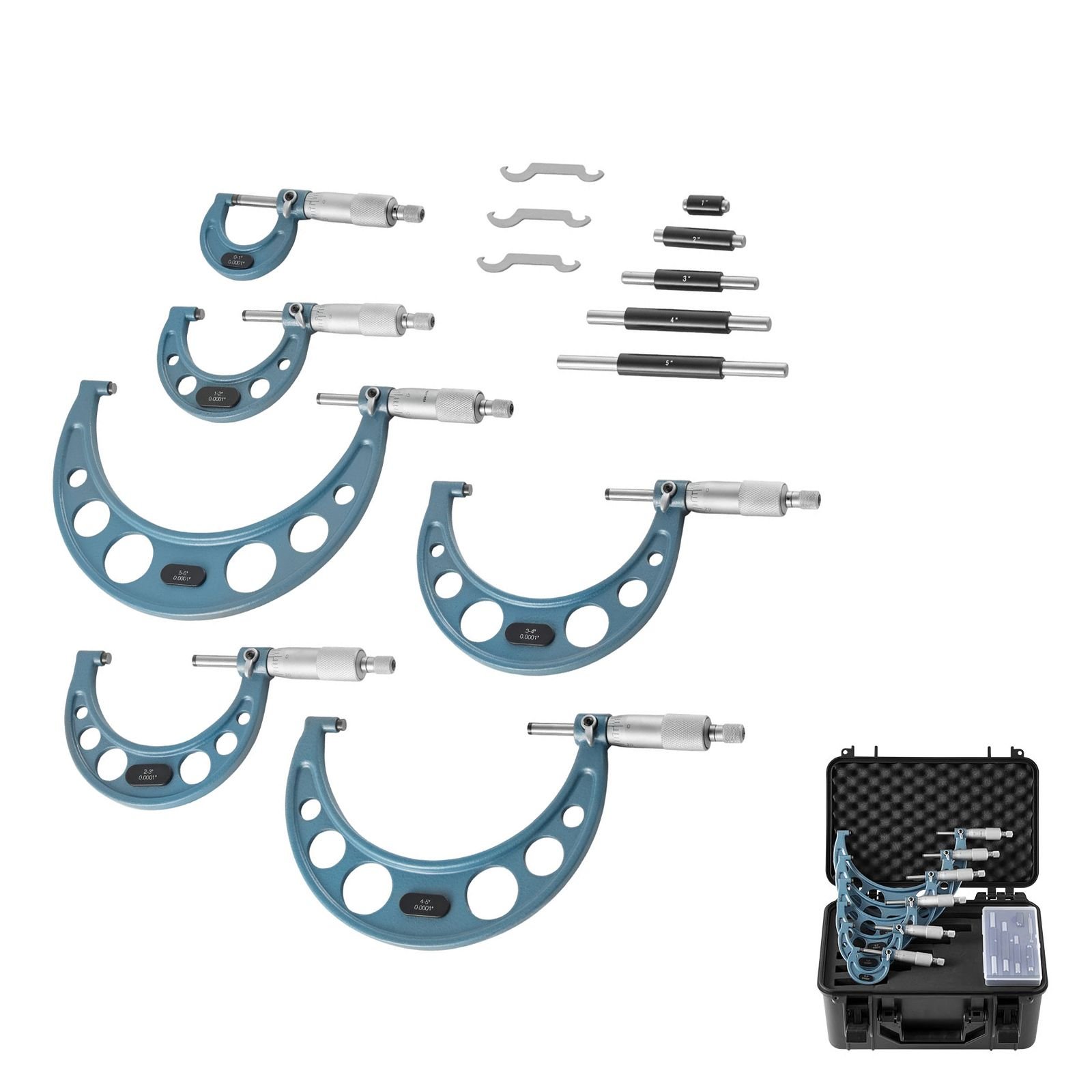 6 pcs micrometer set, 0 1"/1 2"/2 3"/3 4"/4 5"/5 6" machinist outside micrometer, precision 0.0001 accuracy, professional machinist tools with protective case, for metalworking & engineering