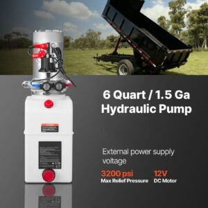 6 quart hydraulic power unit, double acting dump trailer pump, 3200 psi max relief pressure & 0.91 gpm flow rate, dc 12v hydraulic pump with metal reservoir for dump trailer car lifting, white