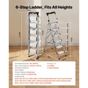 6 step ladder, folding step stool with wide anti slip pedal and comfort handgrip, 330 lbs capacity portable aluminum stepladder, multi use for kitchen, warehouse, household and office, silver