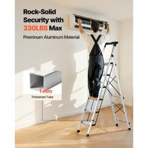 6 step ladder, folding step stool with wide anti slip pedal and comfort handgrip, 330 lbs capacity portable aluminum stepladder, multi use for kitchen, warehouse, household and office, silver