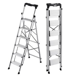 6 Step Ladder, Folding Step Stool with Wide Anti-Slip Pedal and Comfort Handgrip, 330 lbs Capacity Portable Aluminum Stepladder, Multi-Use for Kitchen, Warehouse, Household and Office, Silver