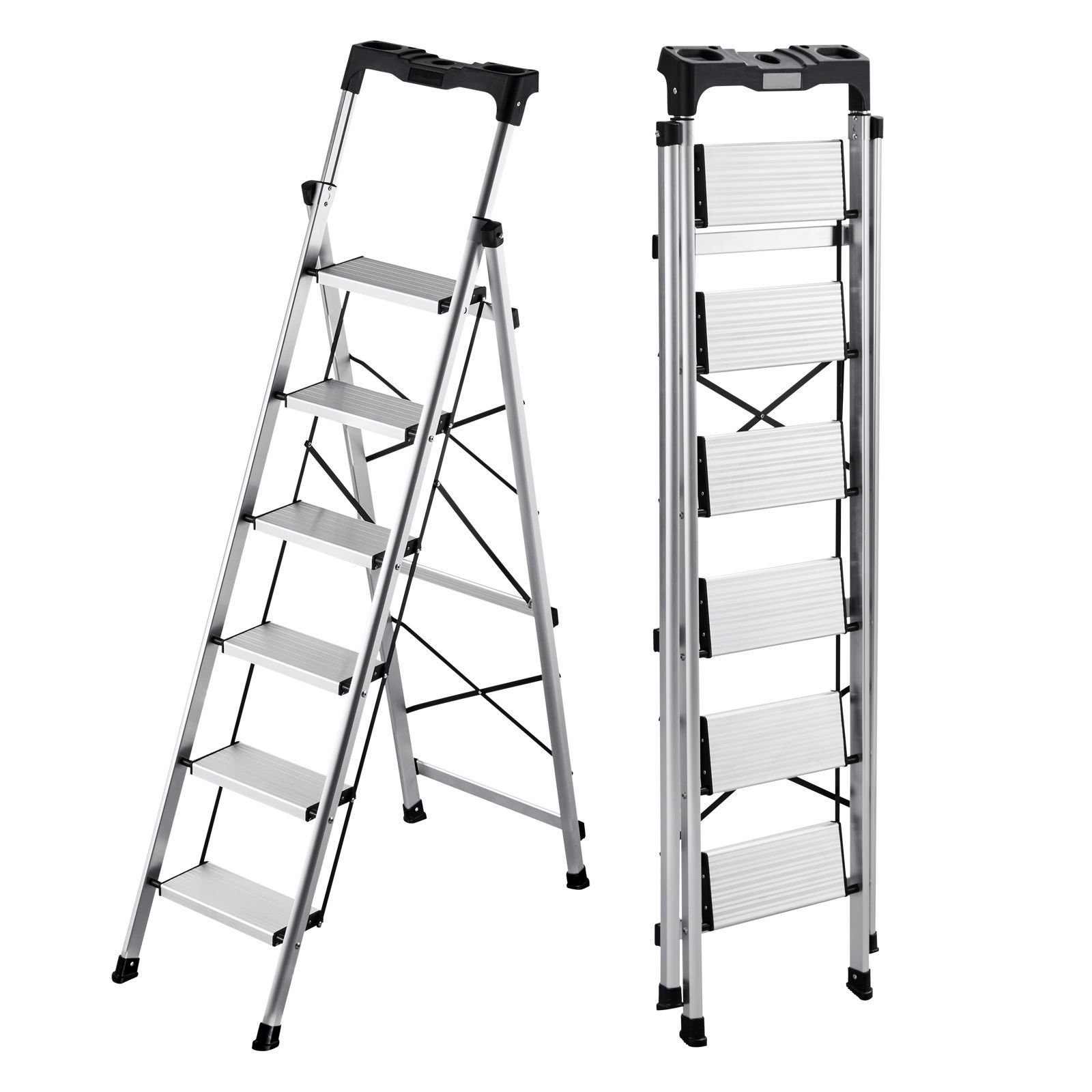 6 step ladder, folding step stool with wide anti slip pedal and comfort handgrip, 330 lbs capacity portable aluminum stepladder, multi use for kitchen, warehouse, household and office, silver