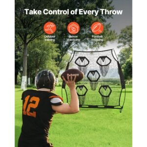 6 x 6 ft football trainer throwing net, training throwing target practice net with 5 target pockets, knotless net includes straps and portable carry case, improve qb throwing accuracy, black