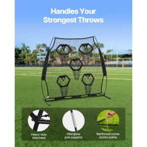6 x 6 ft football trainer throwing net, training throwing target practice net with 5 target pockets, knotless net includes straps and portable carry case, improve qb throwing accuracy, black