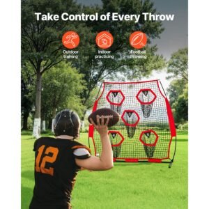 6 x 6 ft football trainer throwing net, training throwing target practice net with 5 target pockets, knotless net includes straps and portable carry case, improve qb throwing accuracy, red