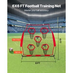6 x 6 ft football trainer throwing net, training throwing target practice net with 5 target pockets, knotless net includes straps and portable carry case, improve qb throwing accuracy, red