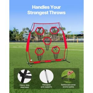 6 x 6 ft football trainer throwing net, training throwing target practice net with 5 target pockets, knotless net includes straps and portable carry case, improve qb throwing accuracy, red