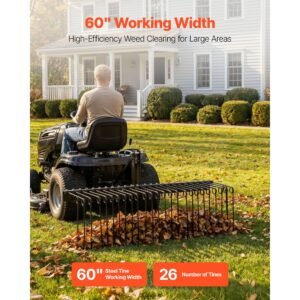 60 in tow behind landscape rake, 3 point hitch lawn dethatcher rake, 26 spring steel tines, for category 1 tractors, heavy duty & rust resistant rakes tractor attachments for leaves pine needles