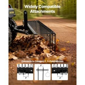 60 in tow behind landscape rake, 3 point hitch lawn dethatcher rake, 26 spring steel tines, for category 1 tractors, heavy duty & rust resistant rakes tractor attachments for leaves pine needles