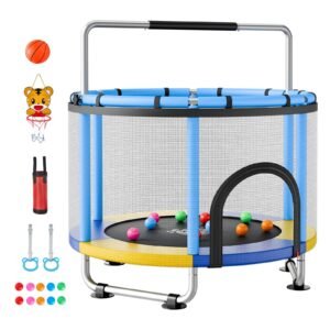 60" Trampoline for Kids, 5 FT Toddler Mini Trampoline, 132 lbs Indoor Outdoor Play Toys with Enclosure Net and Adjustable Gymnastics Bar, Christmas Toys Birthday Gifts for Girls Boys