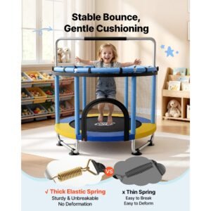 60" trampoline for kids, 5 ft toddler mini trampoline, 132 lbs indoor outdoor play toys with enclosure net and adjustable gymnastics bar, christmas toys birthday gifts for girls boys